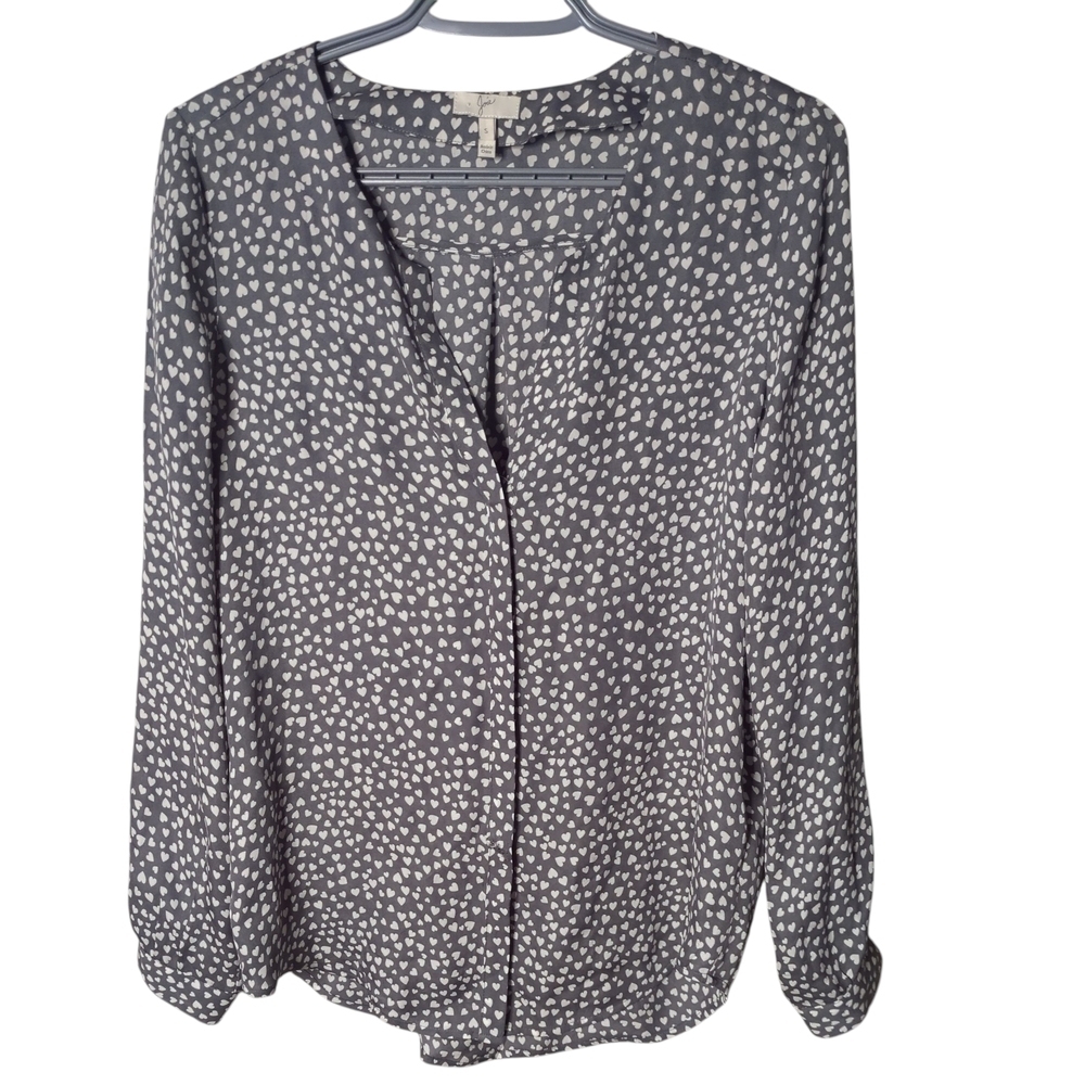 Joie Moema Grey/White Heart Print 100% Silk Blouse‎ Size Small